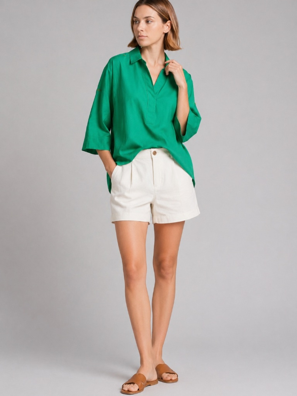 Akris Punto Kimono Sleeve Blouse Green Split Neck Luxury Designer Women Size 10